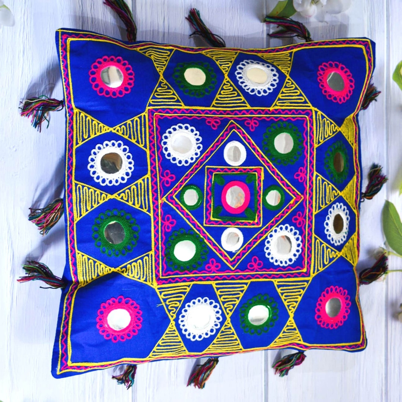 Traditional Gujarati Embroidery Cushion Case - Floral Embroidered Cotton Cushion Case Decorative Sofa Sham Bed Pillowcase -16" Inch