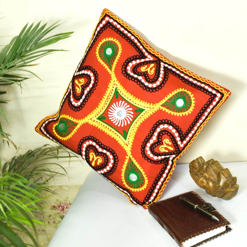 Traditional Gujarati Embroidery Cushion Case - Floral Embroidered Cotton Cushion Case Decorative Sofa Sham Bed Pillowcase  -16" Inch